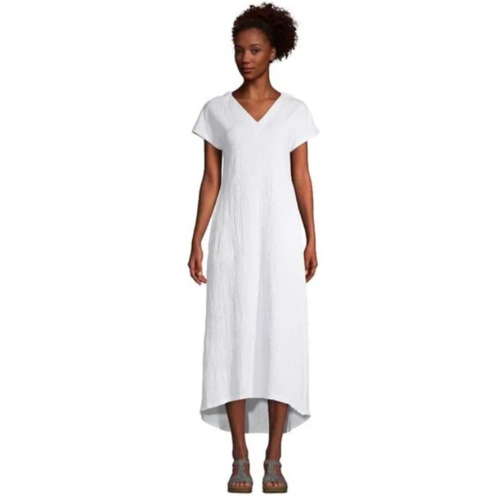 Women's Crinkle Knit Short Sleeve High Low Midi Dress White Medium